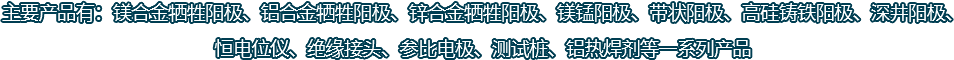 主要產(chǎn)品有：鎂合金犧牲陽(yáng)極、鋁合金犧牲陽(yáng)極、鋅合金犧牲陽(yáng)極、鎂錳陽(yáng)極、帶狀陽(yáng)極、高硅鑄鐵陽(yáng)極、深井陽(yáng)極、恒電位儀、絕緣接頭、參比電極、測(cè)試樁、鋁熱焊劑等一系列產(chǎn)品